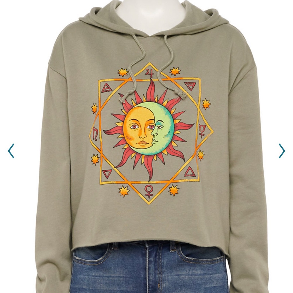 New Juniors’ sun & moon dropped raw edge fleece hoodie